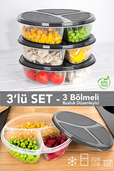 Meleni Home 3 Pieces Round 3-Compartment Storage Container - Microwave and Fr...