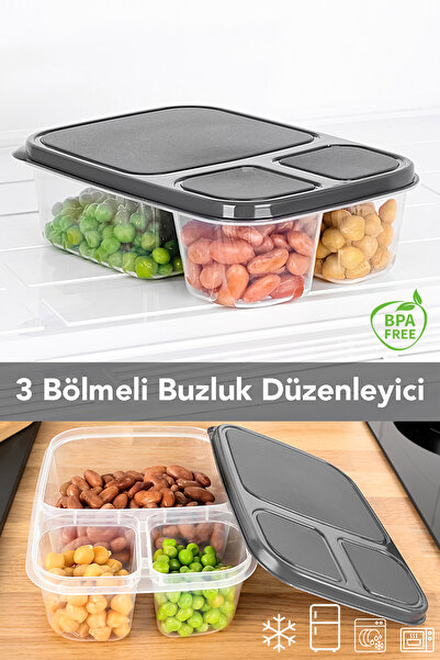 Meleni Home Recipient de depozitare dreptunghiular cu 3 compartimente - Organizator pentru frigider, potrivit pentru cuptorul cu microunde și congelator