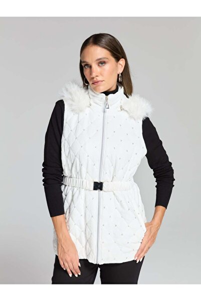 FUAT GÜRSEN Collar Fur Detailed Waist Belted Pearl Embroidered Vest