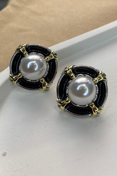 Qualia Butik أقراط نسائية من الفولاذ بحافة ملتوية وشكل بيضاوي مع لؤلؤ