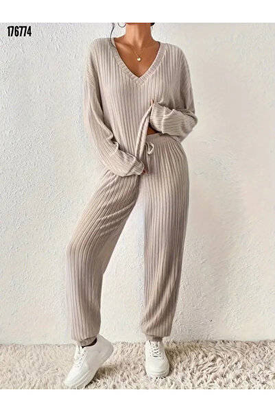 moda wanilia Women's Long Sleeve V-Neck Ribbed Knit Blouse and Pants Two-Piece Set