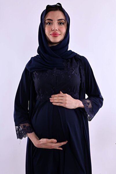 ByLohusa Effortt Navy Blue Hijab Long Robe Maternity Pajama Set