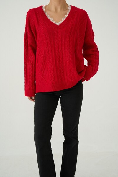 ossons V-Neck Hair Braid Detailed Sweater