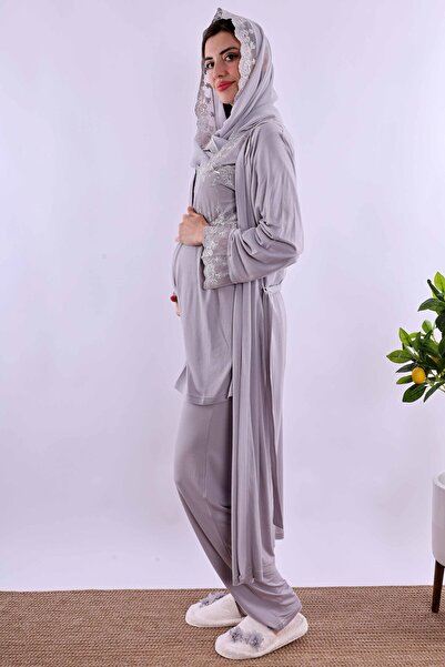 ByLohusa Effortt Gray Hijab-Friendly Long Dress Maternity Pajama Set