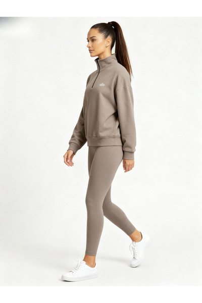 HepsitrentStore Cappucino Color Zippered Collar Long Sleeve Sweatshirt