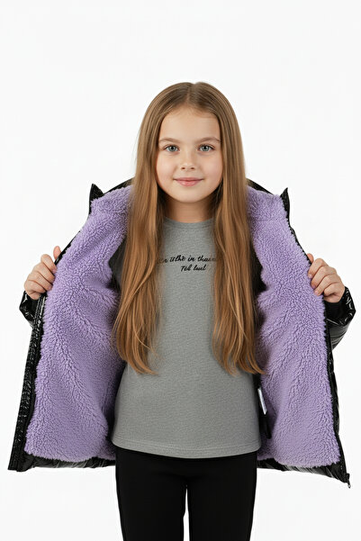 Merdia Дівчача водо- та вітронепроникна куртка з хутряною підкладкою та капюшоном, чорна, блискуча