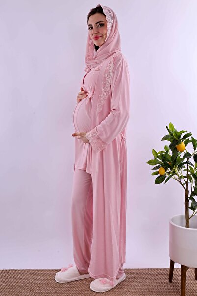 ByLohusa Effortt Pink Hijab Long Dressing Gown Maternity Pajama Set