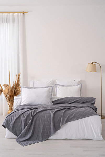Rivaİstanbul Noemi Gray Double Size 100% Cotton Bedspread with Duvet Cover - 7 Piece Dowry Set