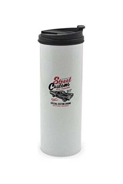 Lit كوب مطبوع Street Customs مع غطاء، أبيض/أسود