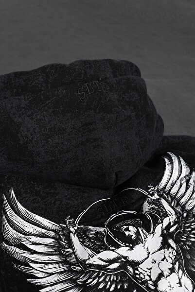 Slatra Ανδρικό φούτερ με μαύρο αντίκες σχέδιο με κέντημα που πλένεται oversized με κουκούλα