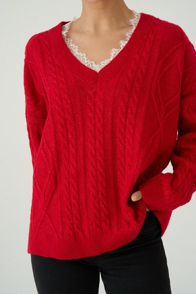ossons V-Neck Hair Braid Detailed Sweater