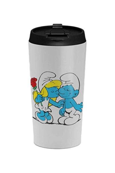 LOUD UNIVERSE كوب مطبوع صورة أطفال السنافر مع غطاء، أبيض/أزرق/أصفر