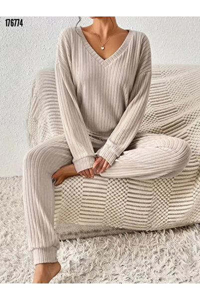 moda wanilia Women's Long Sleeve V-Neck Ribbed Knit Blouse and Pants Two-Piece Set