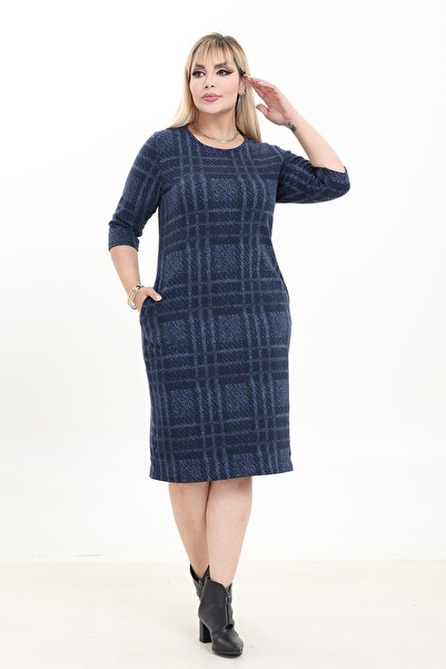 modayız Double Pocket Patterned Stretchy Winter Plus Size Midi Dress 5B-2743