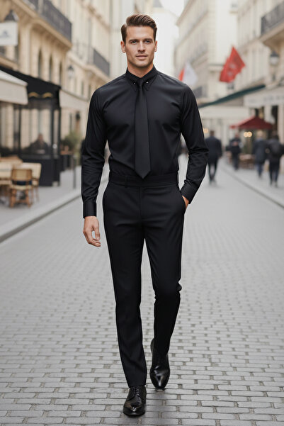 NAZEF Special Design Slim Fit Needle Collar 95% Cotton Black Shirt