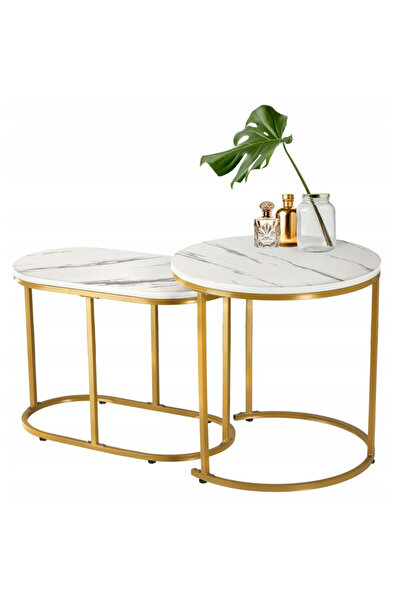 SERSIMO Set de 2 măsuțe de cafea, cadru din oțel, blat MDF cu model marmura, 50x50x50 cm și 60x32x44 cm, alb