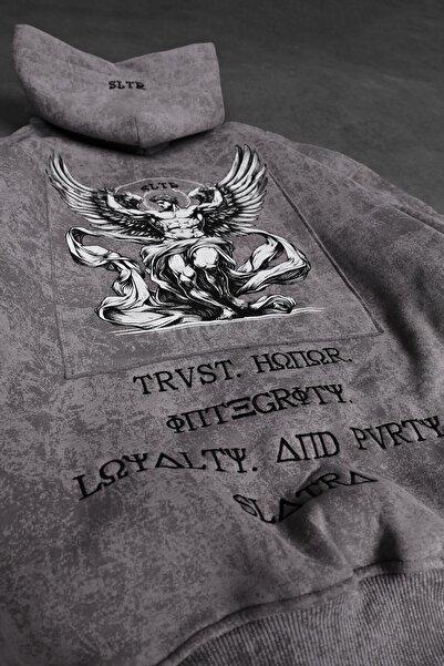 Slatra Ανδρικό φούτερ γκρι αντίκα με κεντημένο σχέδιο που πλένεται oversized με κουκούλα