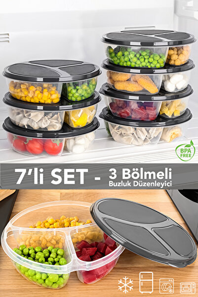 Meleni Home 7 Pieces Round 3-Compartment Storage Container - Microwave Compatible Organizer Deep Freezer Food Storage Container