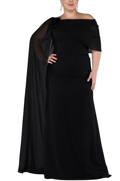 Arden Plus Size Long Evening Dress, Chiffon Cape Sleeve, Black, White Midi Mother Evening Dress, Invitations, Wedding, 44-50