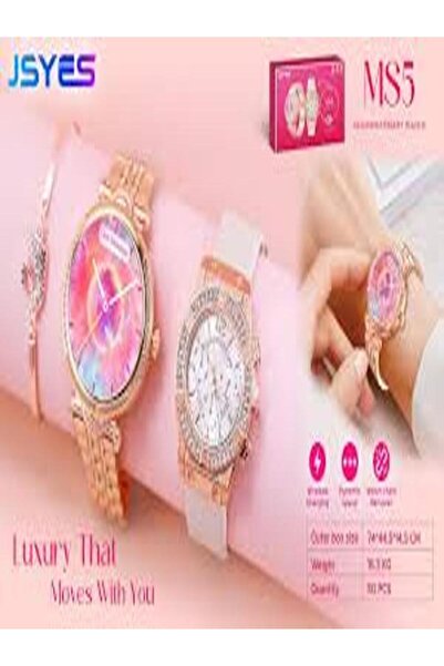 JSYES ساعة MS5 الذكية الفاخرة للسيدات - تصميم من الذهب الوردي المرصع بالألماس، شاشة عالية الدقة، تتبع الصحة، اللياقة البدنية