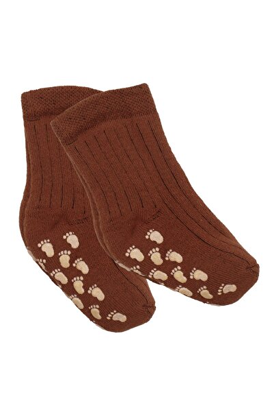 bebegen جوارب صوفية بنعل غير قابل للانزلاق باللون البني للجنسين