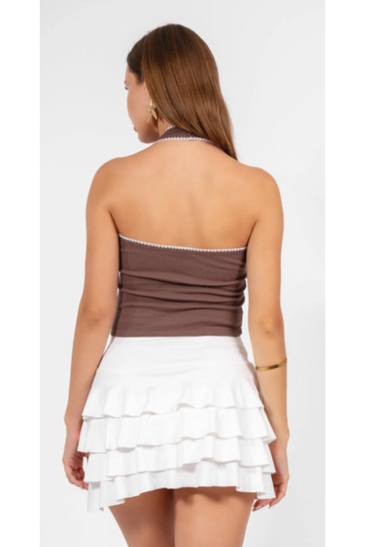 ALCİNOUS Halter Necklace Crop Top with 100% Cotton Embroidery Details