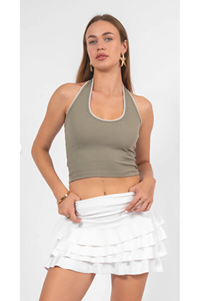 ALCİNOUS Halter Necklace Crop Top with 100% Cotton Embroidery Details