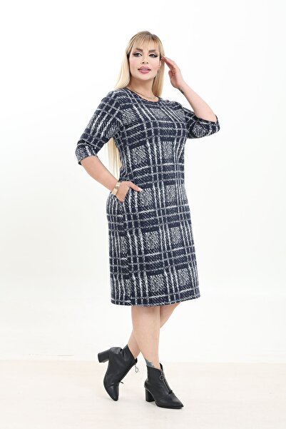 modayız Double Pocket Patterned Stretchy Winter Plus Size Midi Dress 37D-2739