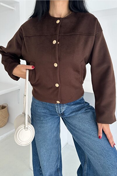 FEMELLE Women's Brown Suede Snap Button Lined Jacket with Pockets