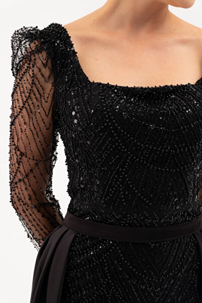 Lafaba Women's Black Long Sleeve Stone Satin Evening Dress with Tail Accessories