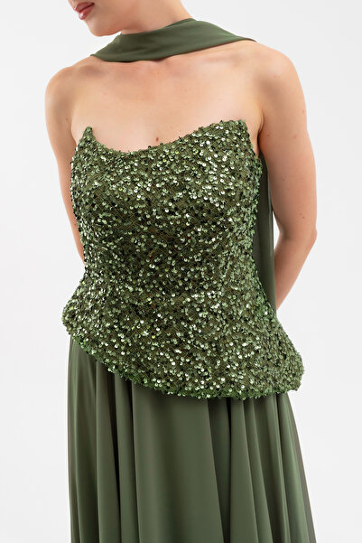 Lafaba Women's Khaki Strapless Sequin Pleated Long Evening Dress