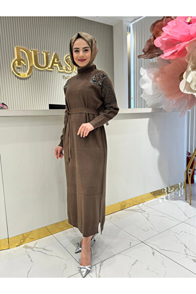 FUAT GÜRSEN Shoulder and Sleeve Embroidered F Corded Fabric Steel Mesh Belt Dress