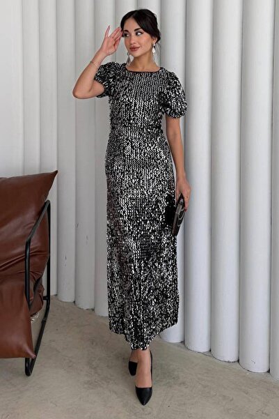 VAGGON Balloon Sleeve Stone Embroidered Drawstring Midi Dress