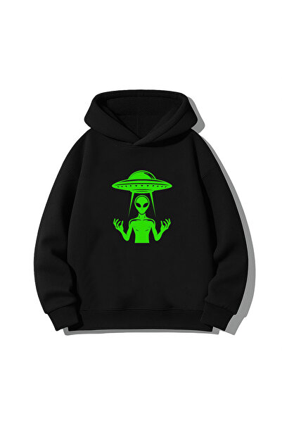 MODA Hanorac negru Alien Alien cu imprimeu cu glugă Swea tricou