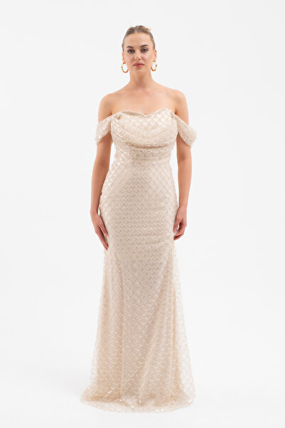 Lafaba Women's Beige Madonna Collar Beaded Long Evening Dress