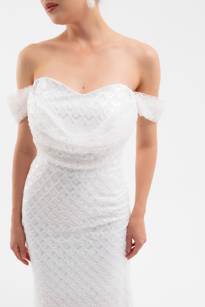 Lafaba Γυναικείο μακρύ βραδινό φόρεμα με λευκό γιακά μαντέλα με χάντρες