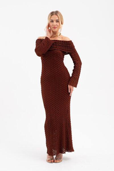 Lafaba Women's Brown Open Shoulder Long Lace Dress