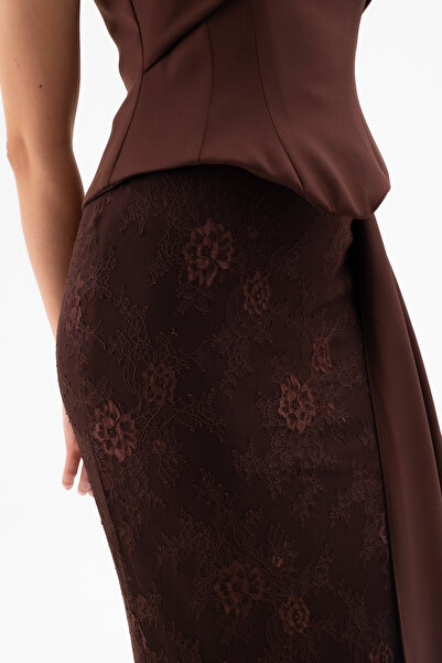 Lafaba Women's Brown Strapless Neckline Lace Detail Long Evening Dress