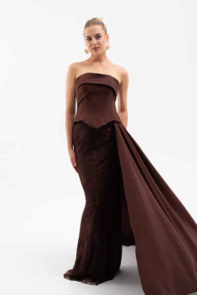 Lafaba Women's Brown Strapless Neckline Lace Detail Long Evening Dress