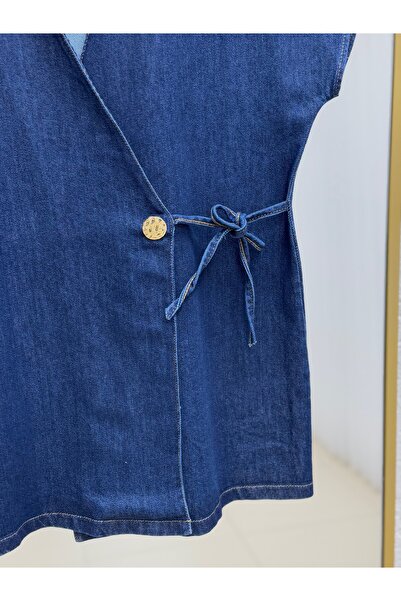 MİHRA STORE Callan Side-Tied Button Detailed Denim Vest-As874 Denim Color