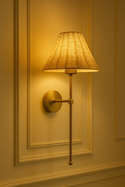 burenze Bambu Hasır Şapkalı Aplik Metal Gövde Eskitme Gold ELEKTRİK İLE ÇALIŞIR E-27 Duy