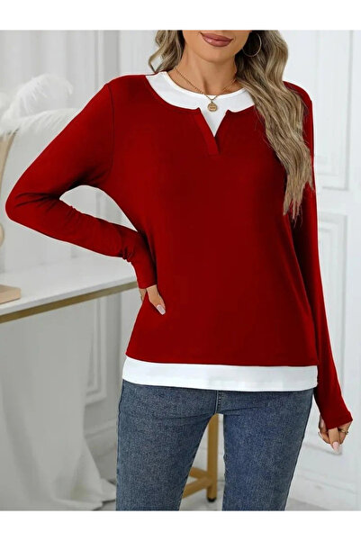 GENCULUS Women's Long Sleeve V-Neck Double Color Viscose Two Thread Blouse