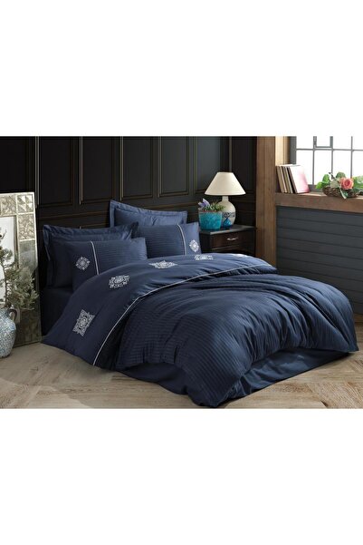 Hobby Elegant Embroidered Cotton Satin Double Duvet Cover Set Zeugma Navy Blue