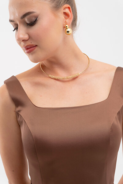 Lafaba Women's Brown Square Neck Belted Midi Promise Engagement Dress