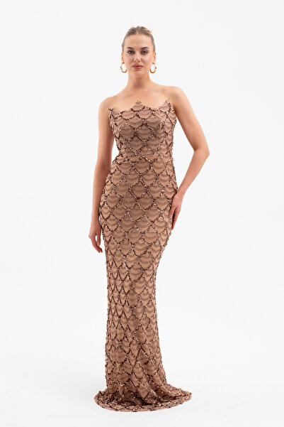 Lafaba Γυναικείο μακρύ βραδινό φόρεμα σε καφέ στράπλες με χάντρες