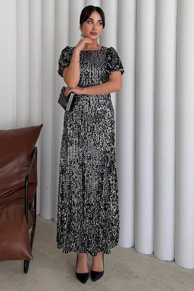 VAGGON Balloon Sleeve Stone Embroidered Drawstring Midi Dress