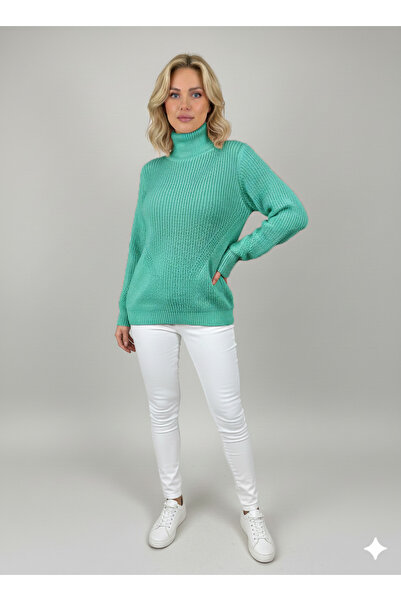Millionaire Women's Turquoise Green Pink Thick Knitted Fisherman Turtleneck Knitwear Sweater