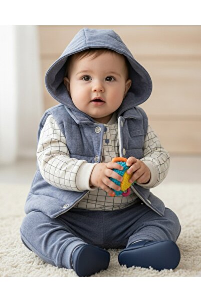 Ege Bebek Baby Boy 3-Piece Set Hooded Vest Set Stylish Baby Combination, 1-2-3-4 Years Old 3-Piece Baby Underwear Set