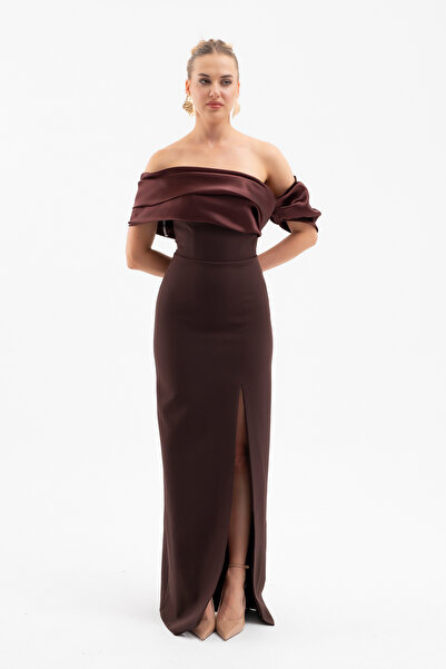 Lafaba Women's Brown Collar Detailed Slit Long Evening Dress