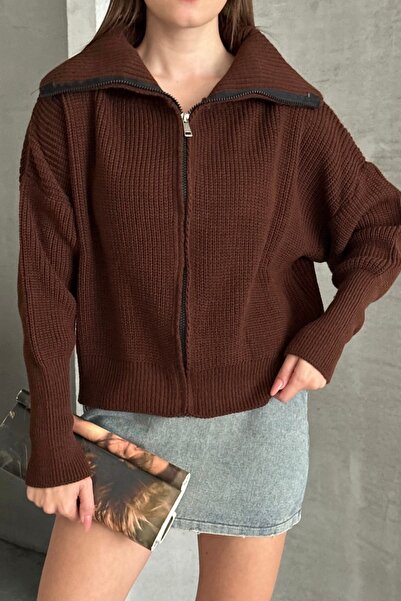 Noi Belis Basic Oversize Turn-Down Collar Zippered Knitwear Cardigan Aw25Hi0016